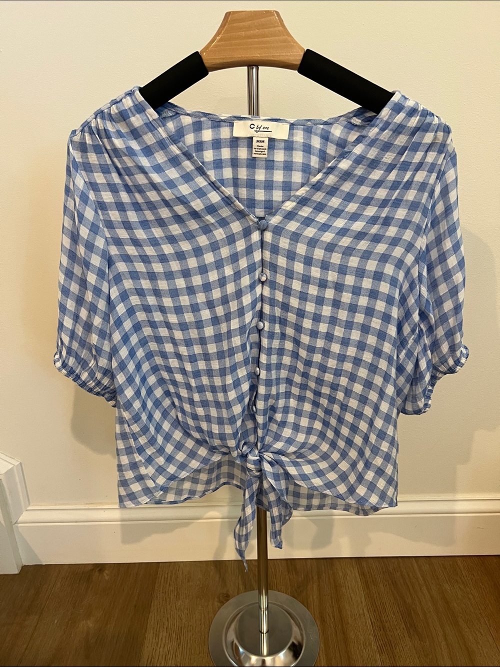 C by One Womens Gingham Tie-Front Blouse Medium